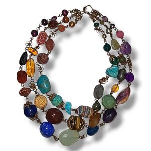 Stephen Dweck Multi Strand Carved Gemstone Necklace Heavy Statement 18"